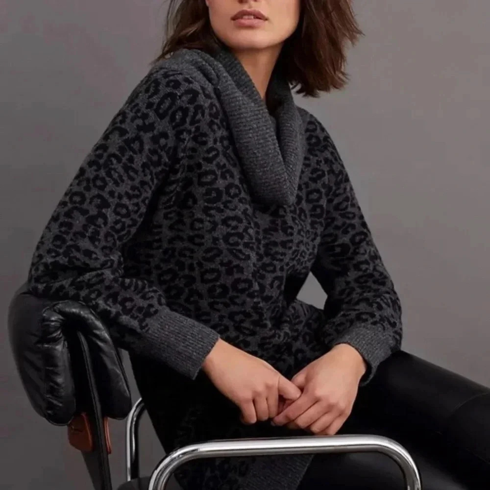 Anthropologie Emmy Cowl Neck Sweater Long Sleeve Cheetah Gray Black Cozy Size S